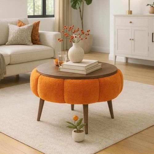 Table basse ronde en tissu teddy effet noyer et orange 60 cm - Silva