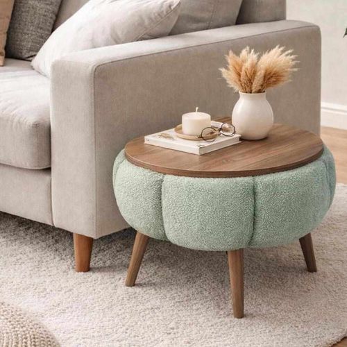 Table d'appoint ronde en tissu teddy vert 45 cm - Ronia