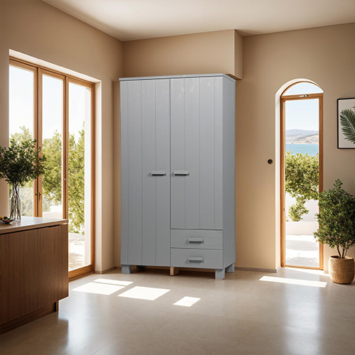 Armoire 2 portes 2 tiroirs en pin gris béton - Collection Dennis - Woood