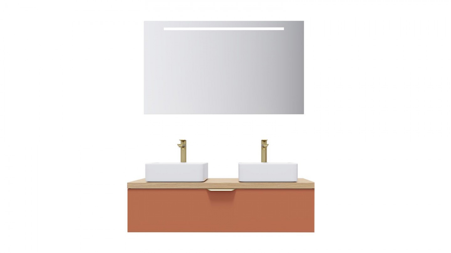 Meuble de salle de bain suspendu 2 vasques à poser 120cm 1 tiroir Terracotta + miroir - Swing