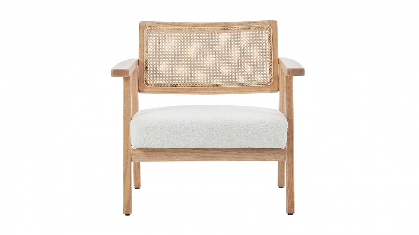 Fauteuil en tissu bouclé écru et cannage naturel - Tim Fauteuil en tissu bouclé écru et cannage naturel - Tim