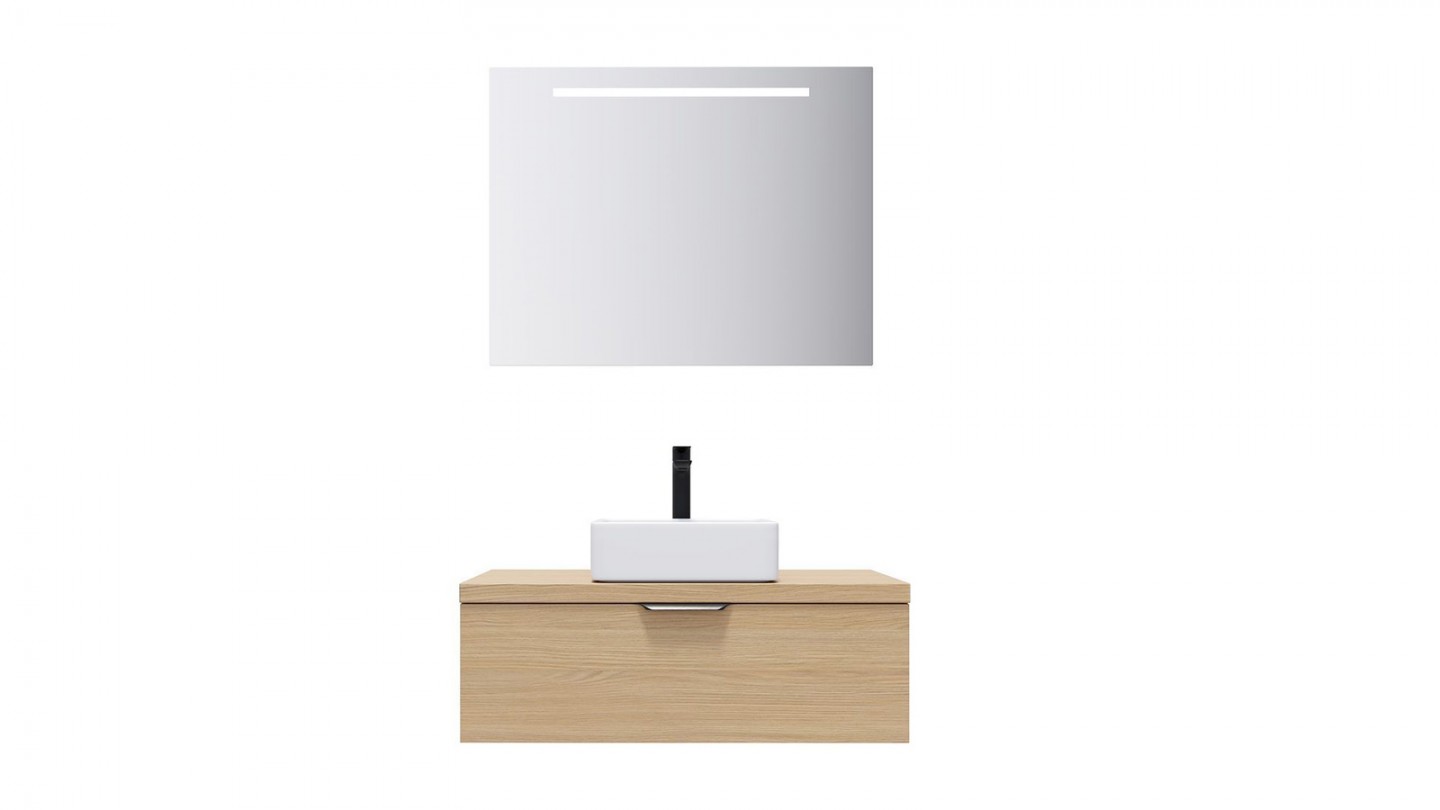 Meuble de salle de bain suspendu vasque à poser 90cm 1 tiroir Chêne clair + miroir - Swing