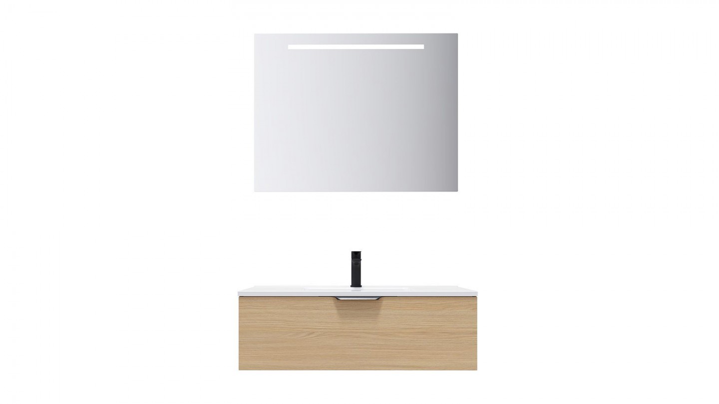 Meuble de salle de bain suspendu vasque intégrée 90cm 1 tiroir Chêne clair + miroir - Swing