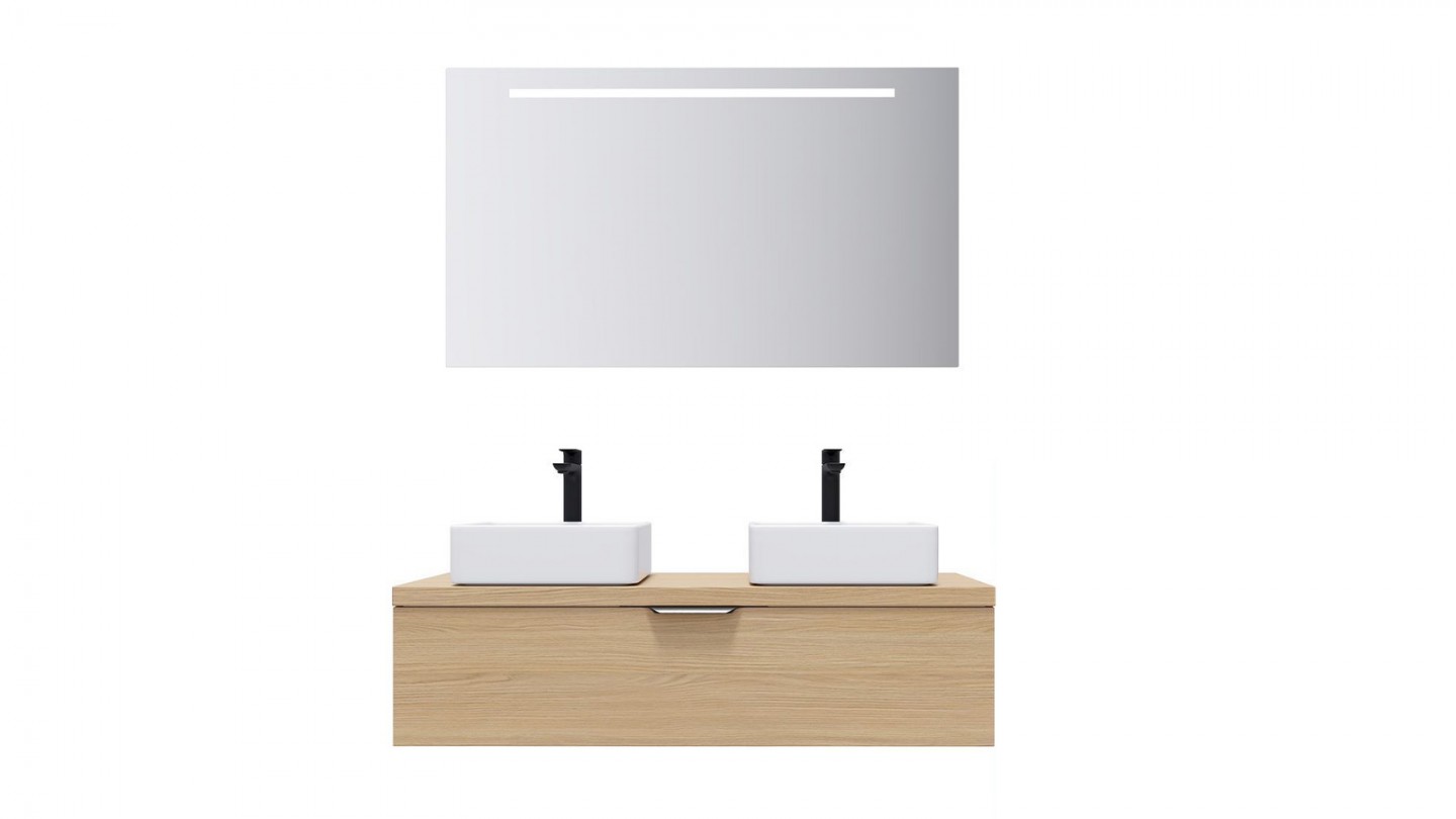 Meuble de salle de bain suspendu 2 vasques à poser 120cm 1 tiroir Chêne clair + miroir - Swing