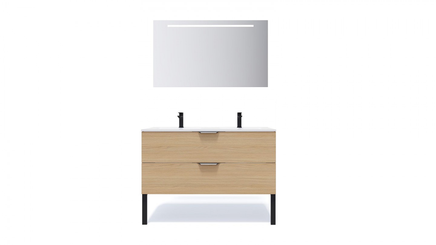 Meuble de salle de bain suspendu double vasque intégrée 120cm 2 tiroirs Chêne clair + miroir - Swing