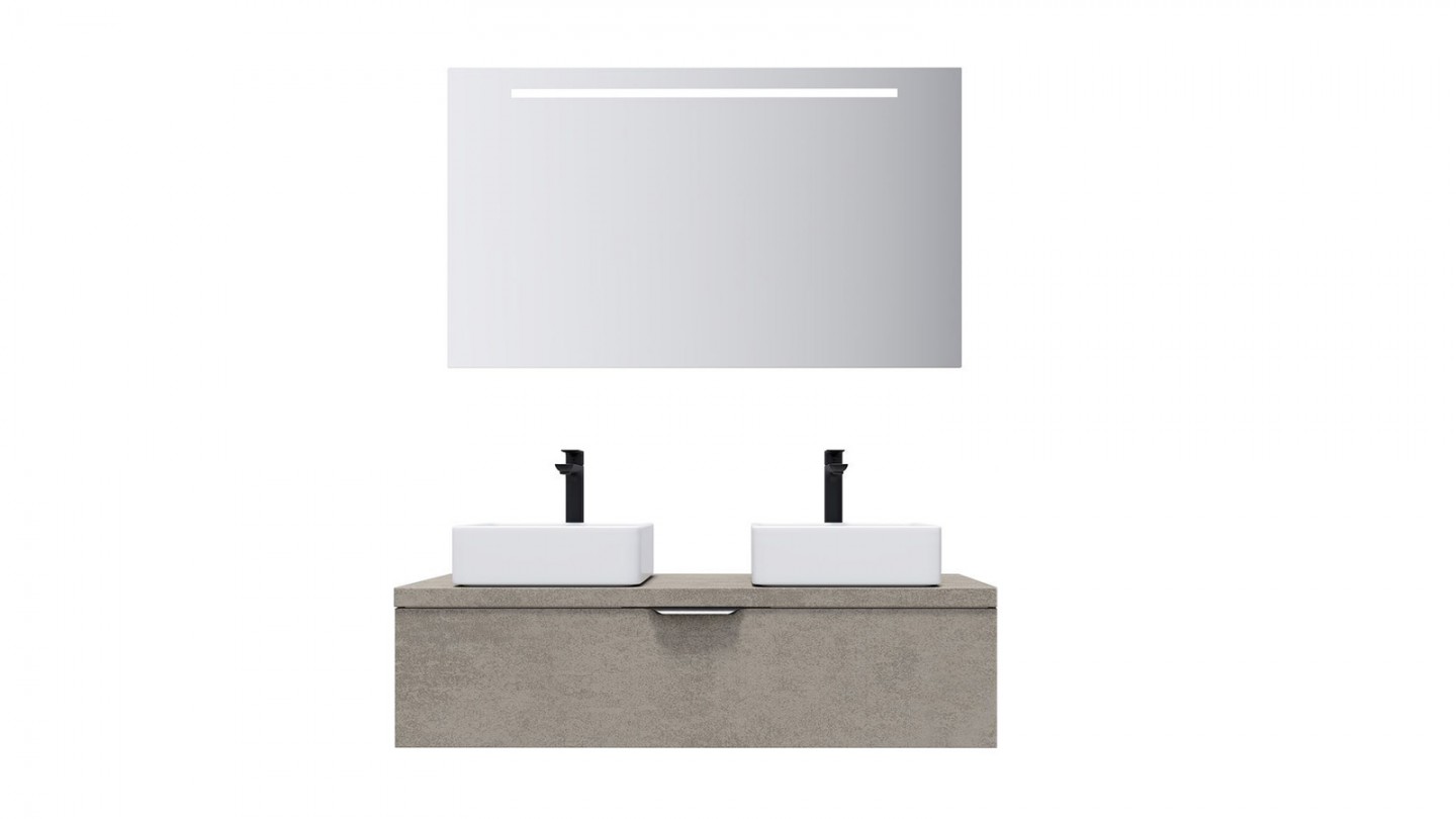 Meuble de salle de bain suspendu 2 vasques à poser 120cm 1 tiroir façon Béton + miroir - Swing