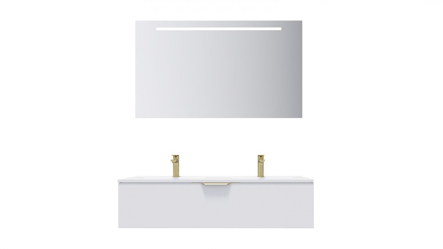 Meuble de salle de bain suspendu double vasque intégrée 120cm 1 tiroir Blanc + miroir - Swing