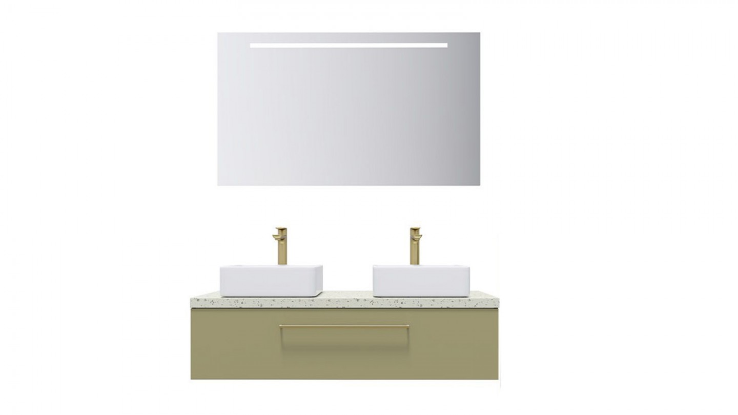 Meuble de salle de bain suspendu 2 vasques à poser 120cm 1 tiroir Vert olive + miroir - Osmose