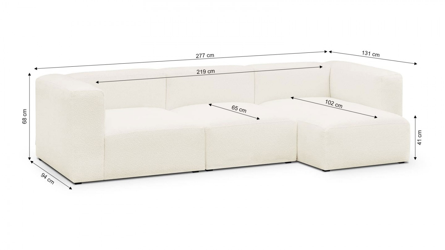 Canapé d'angle à droite modulable avec méridienne 4 places en tissu bouclette écru - Modulo