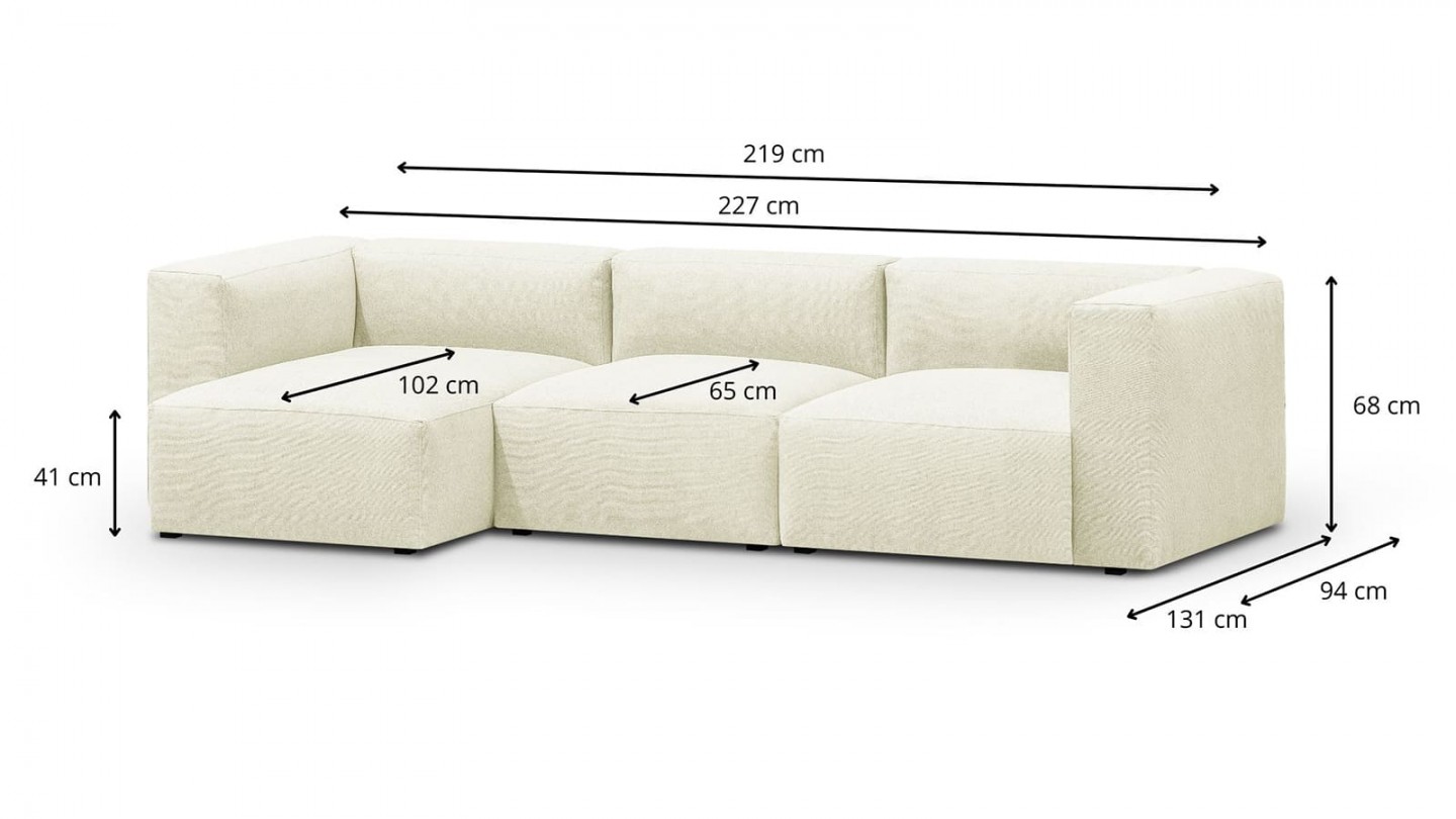 Canapé d'angle à gauche modulable avec méridienne 4 places en tissu ivoire - Modulo