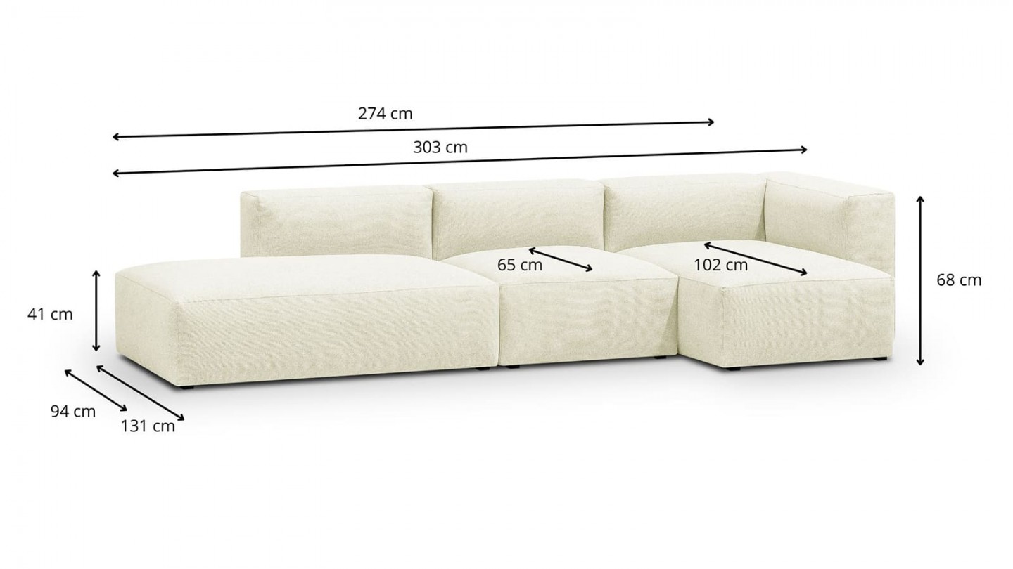 Canapé d'angle à droite modulable avec méridienne 5 places en tissu ivoire - Modulo