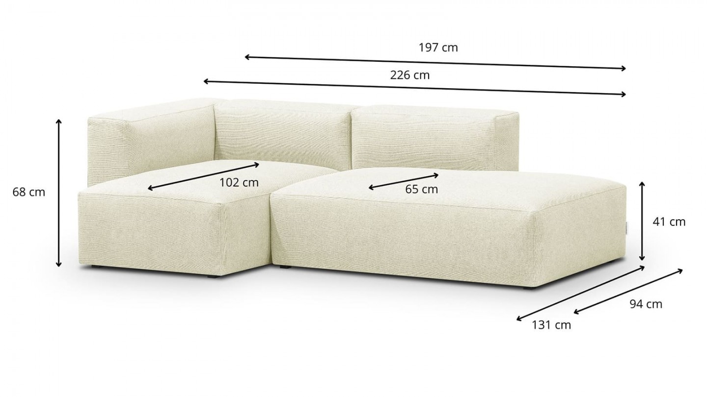 Canapé d'angle à gauche modulable avec méridienne 3/4 places en tissu ivoire - Modulo