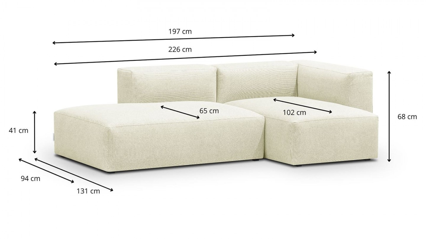 Canapé d'angle à droite modulable avec méridienne 3/4 places en tissu ivoire - Modulo