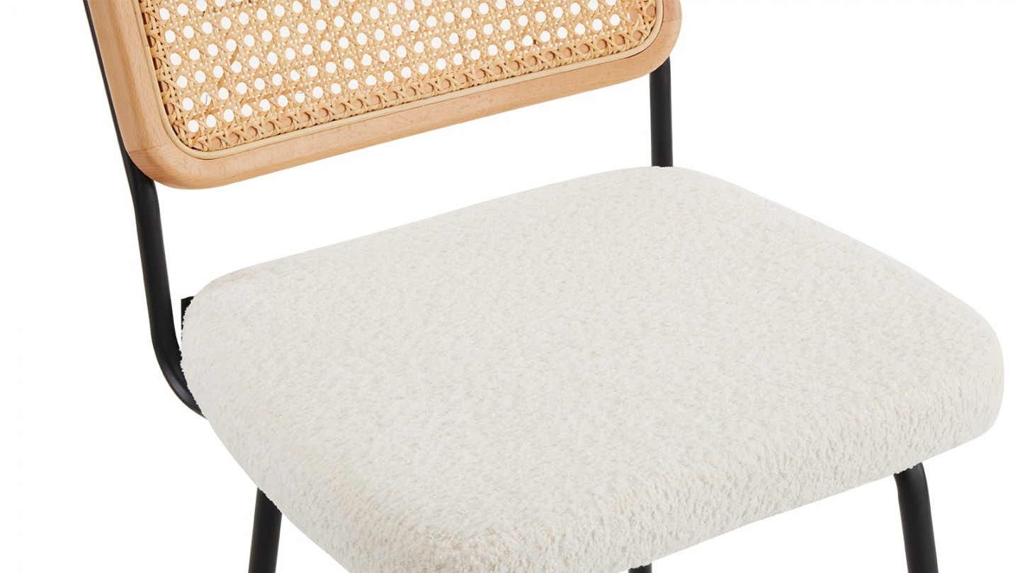 Lot de 2 tabourets de bar en tissu bouclé écru et cannage naturel - Muse