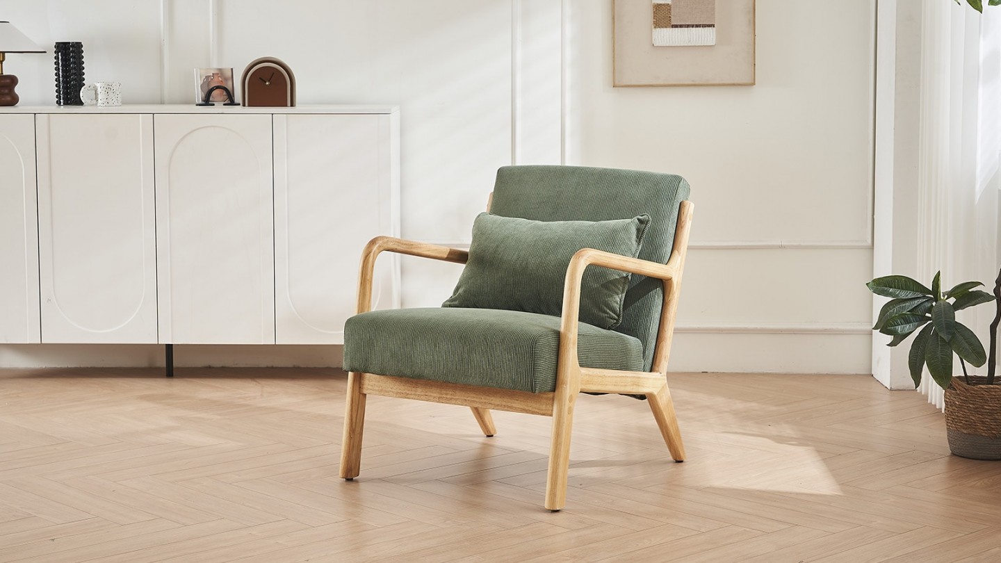 Fauteuil en bois et velours côtelé vert - Lanna