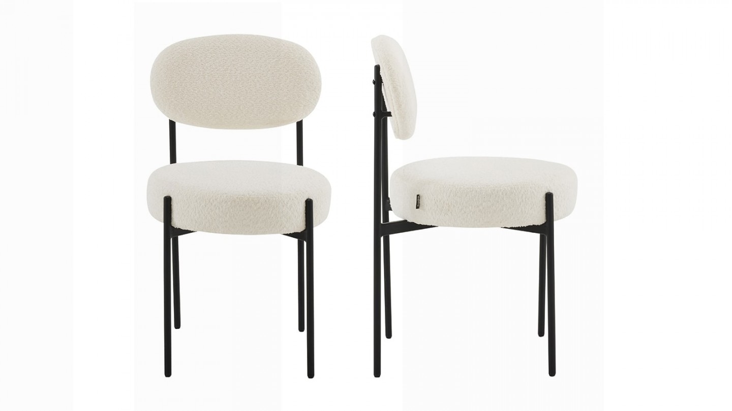 Lot de 2 chaises en tissu bouclé écru, piètement métal noir - Evora