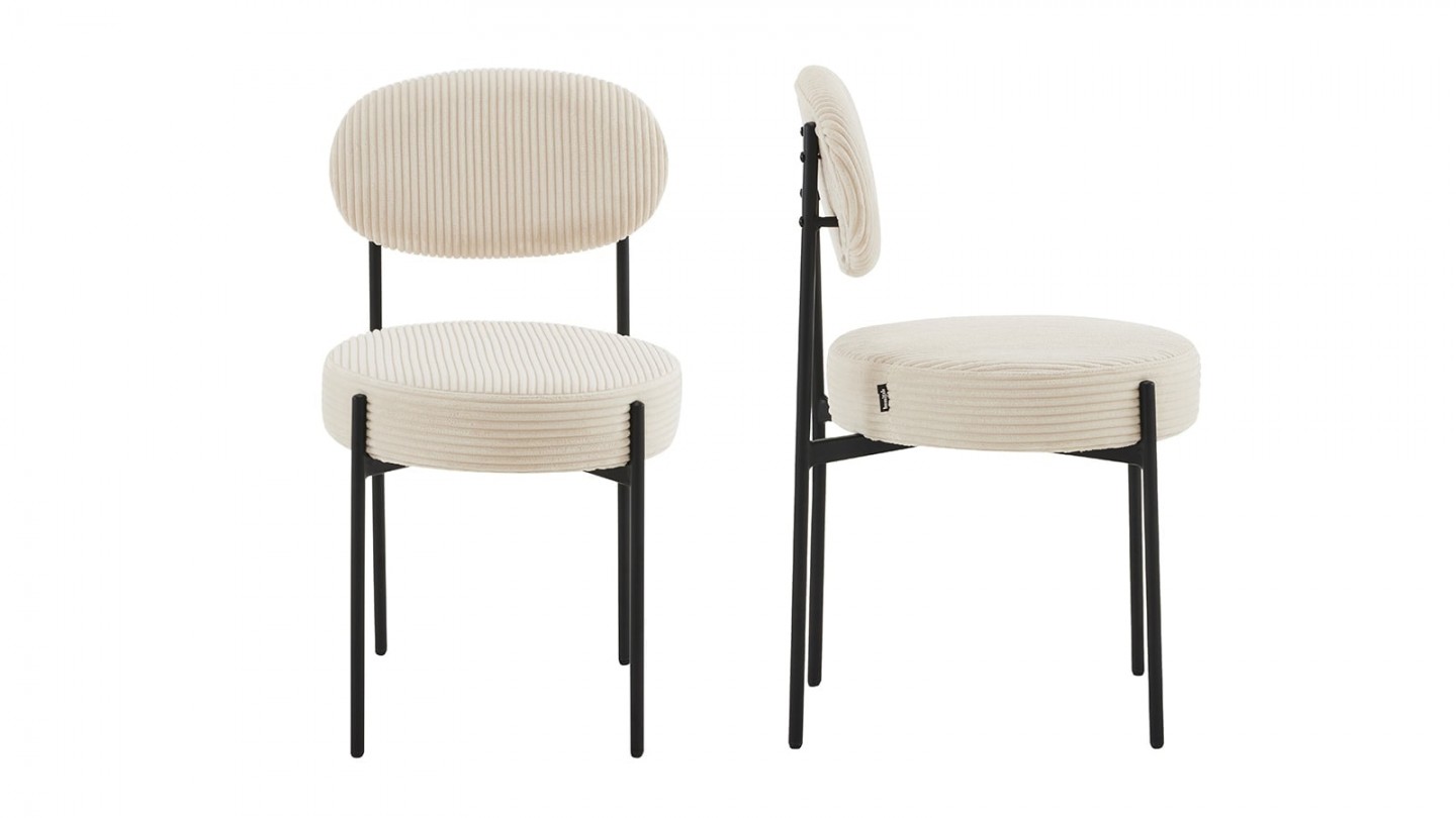 Lot de 2 chaises en velours côtelé beige, piètement métal noir - Evora