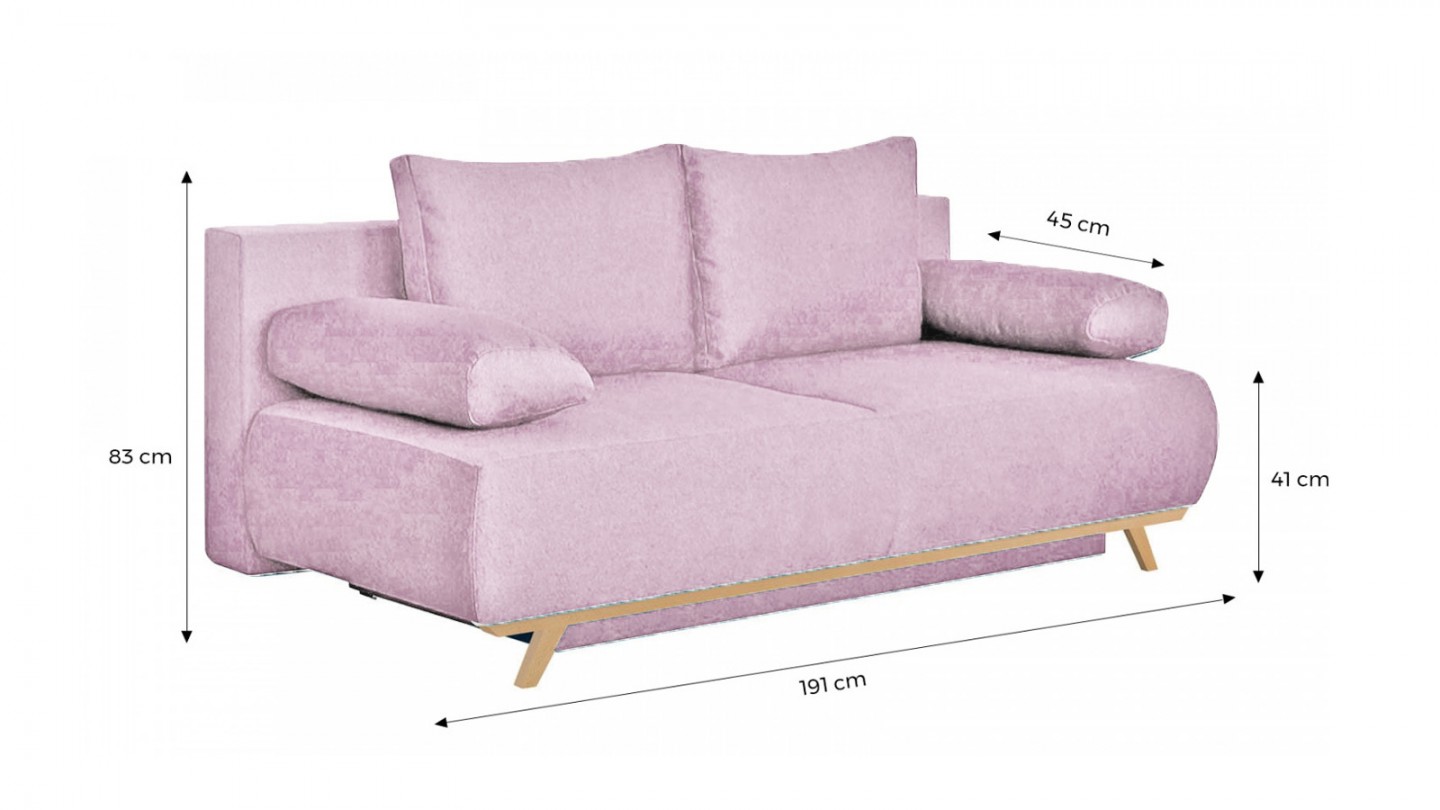 Canapé convertible 3 places avec coffre de rangement en tissu rose pâle - Laria New