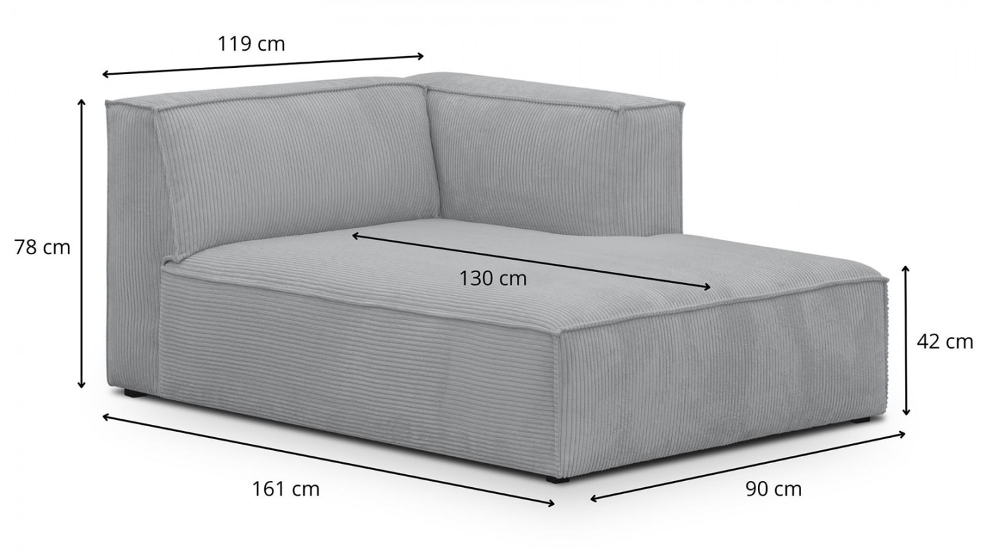 Méridienne d'angle à droite modulable en velours côtelé gris clair - Rezia