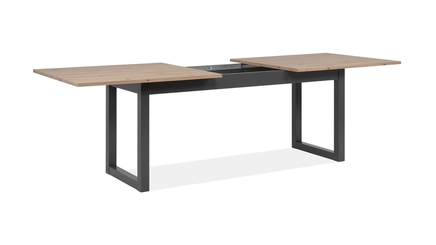 Table à manger extensible 8 à 10 personnes effet chêne, piètement anthracite 200/240 cm - Nora