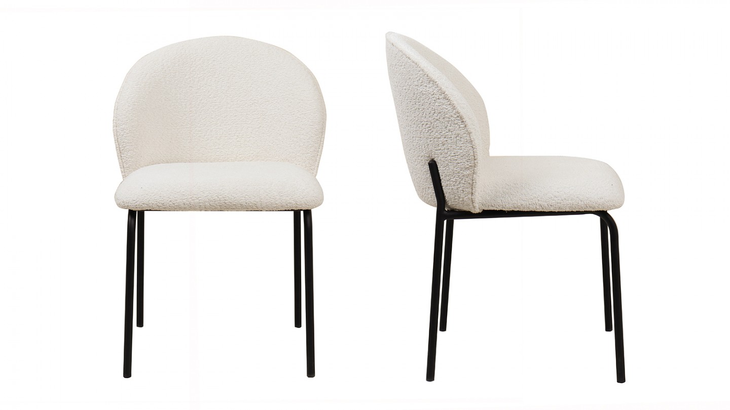 Lot de 2 chaises de salle à manger en tissu bouclette beige - piètement en métal noir - Noé