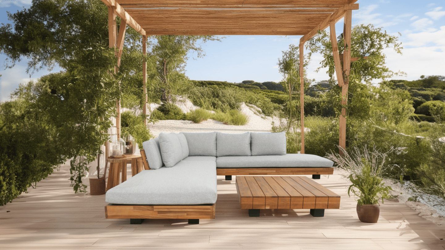 Salon de jardin d'angle 5 places en bois FSC et coussins gris chiné - Capri