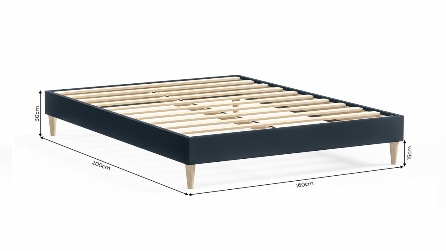 Ensemble lit adulte 160x200 cm en velours bleu nuit + Matelas Hybride à ressorts ensachés et mémoire de forme - Spring Elite