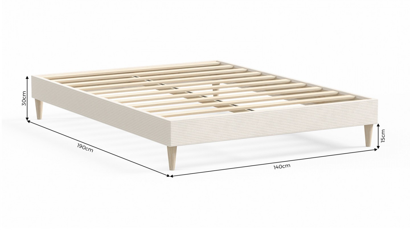 Ensemble lit adulte 140x190 cm en velours côtelé beige + Matelas Hybride à ressorts ensachés et mémoire de forme - Spring Elite