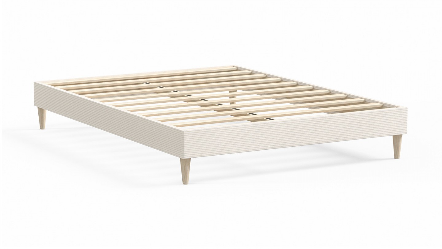 Ensemble lit adulte 140x190 cm en velours côtelé beige + Matelas Hybride à ressorts ensachés et mémoire de forme - Spring Elite