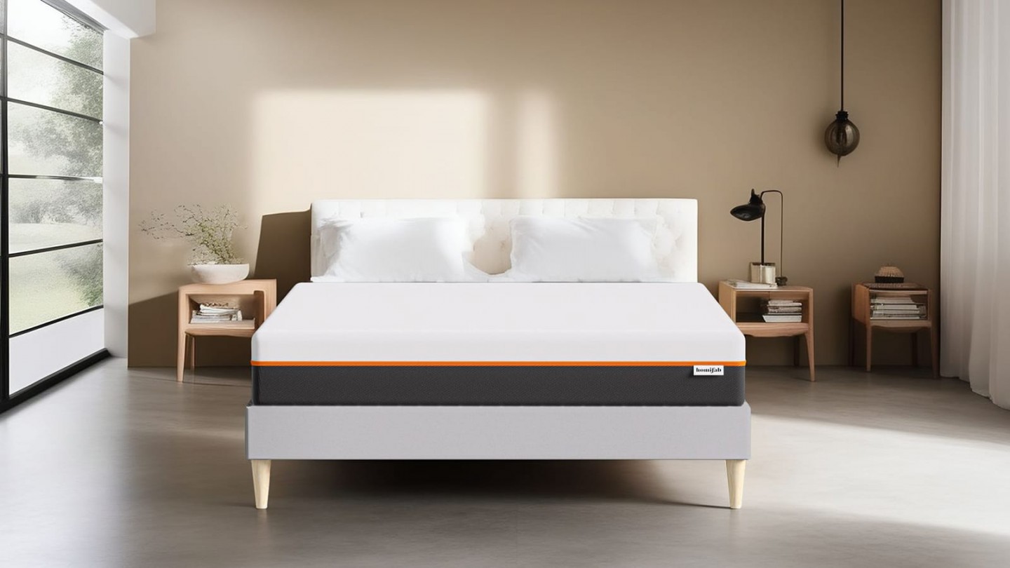 Ensemble lit adulte 140x190 cm en tissu gris clair + Matelas mousse gel à mémoire de forme, double confort - Dual Confort