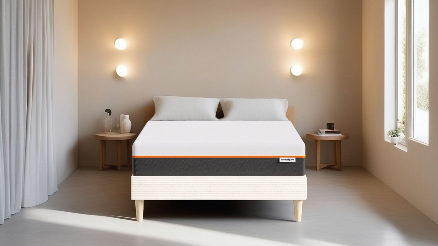 Ensemble lit adulte 90x190 cm en velours côtelé beige + Matelas mousse gel à mémoire de forme, double confort - Dual Confort