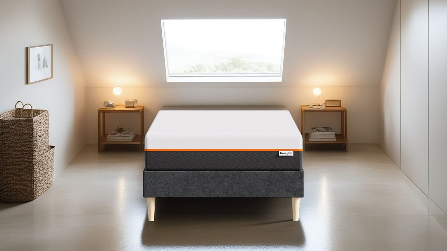 Ensemble lit adulte 90x190 cm en velours gris + Matelas mousse gel à mémoire de forme, double confort - Dual Confort