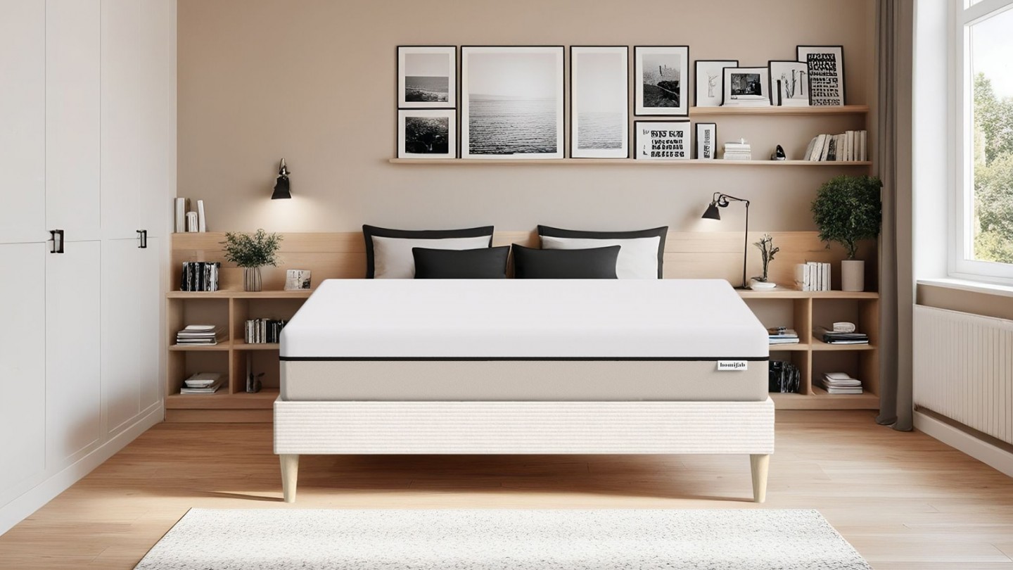 Ensemble lit adulte 160x200 cm en velours côtelé beige + Matelas Hybride à ressorts ensachés et mémoire de forme - Spring Elite