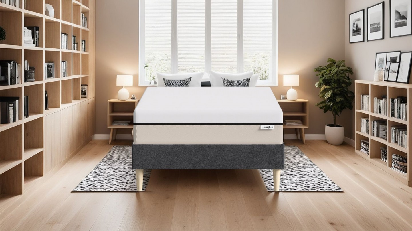 Ensemble lit adulte 90x190 cm en velours gris + Matelas Hybride à ressorts ensachés et mémoire de forme - Spring Elite