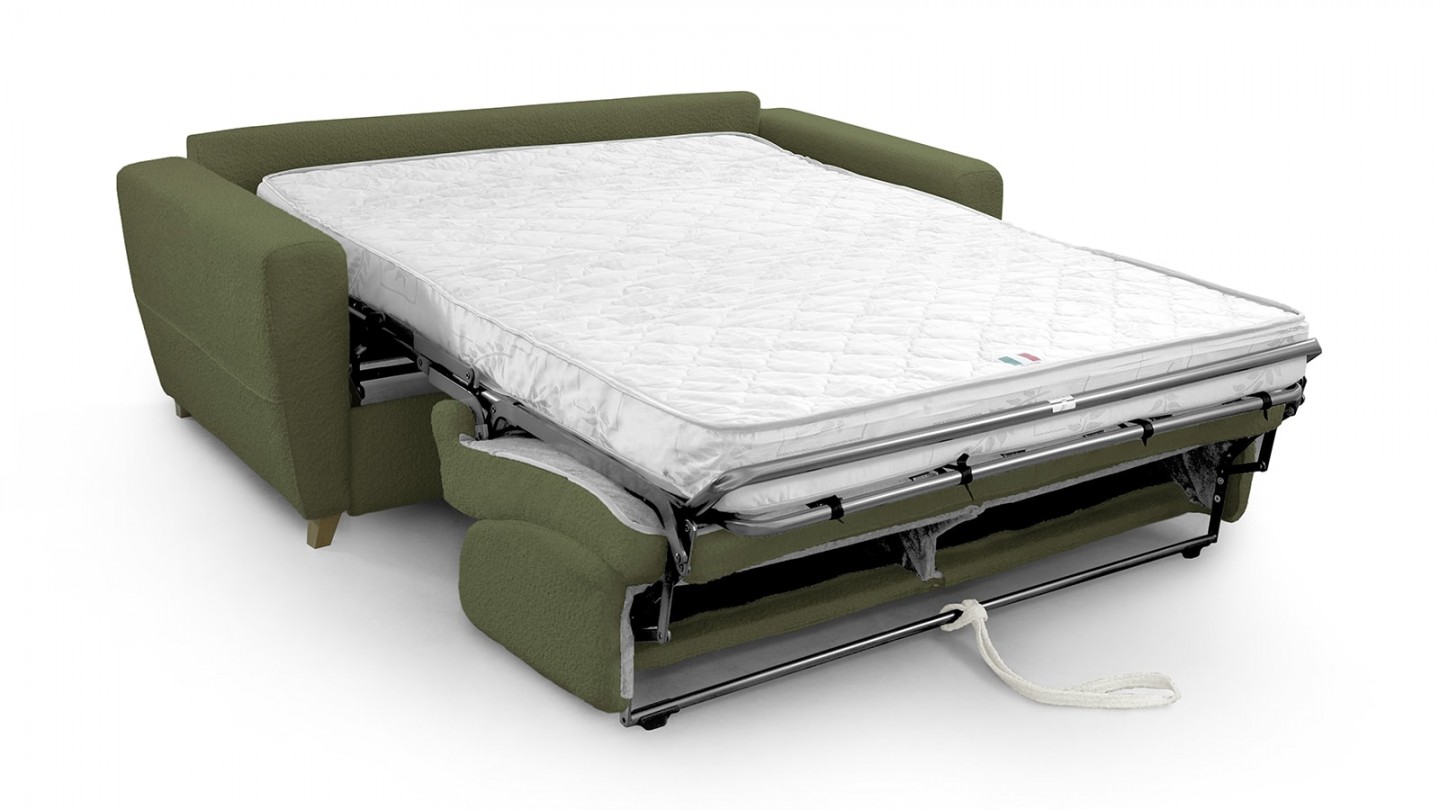 Canapé convertible 3 places en tissu bouclette vert kaki - ouverture express - Leandro