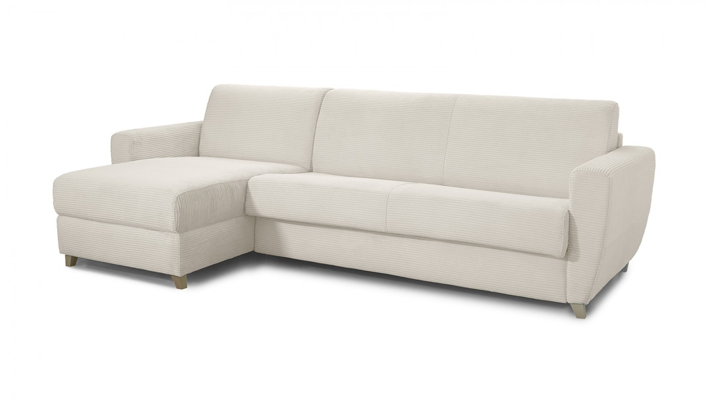 Canapé d'angle convertible réversible 5 places en velours côtelé beige - ouverture express - Leandro