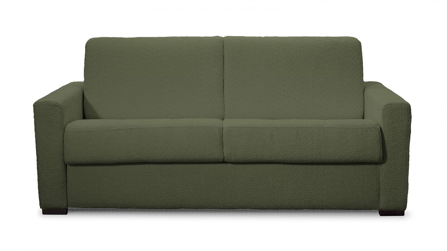 Canapé convertible 3 places en tissu bouclette vert kaki - ouverture express - Paloma