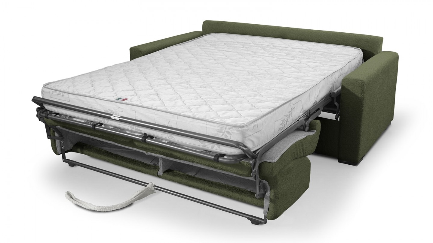 Canapé convertible 3 places en tissu bouclette vert kaki - ouverture express - Paloma