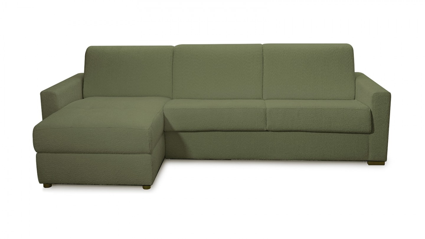 Canapé d'angle convertible réversible 5 places en tissu bouclette vert kaki - ouverture express - Paloma