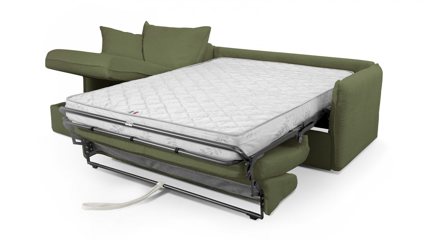 Canapé d'angle convertible réversible 5 places en tissu bouclette vert kaki - ouverture express - Gina