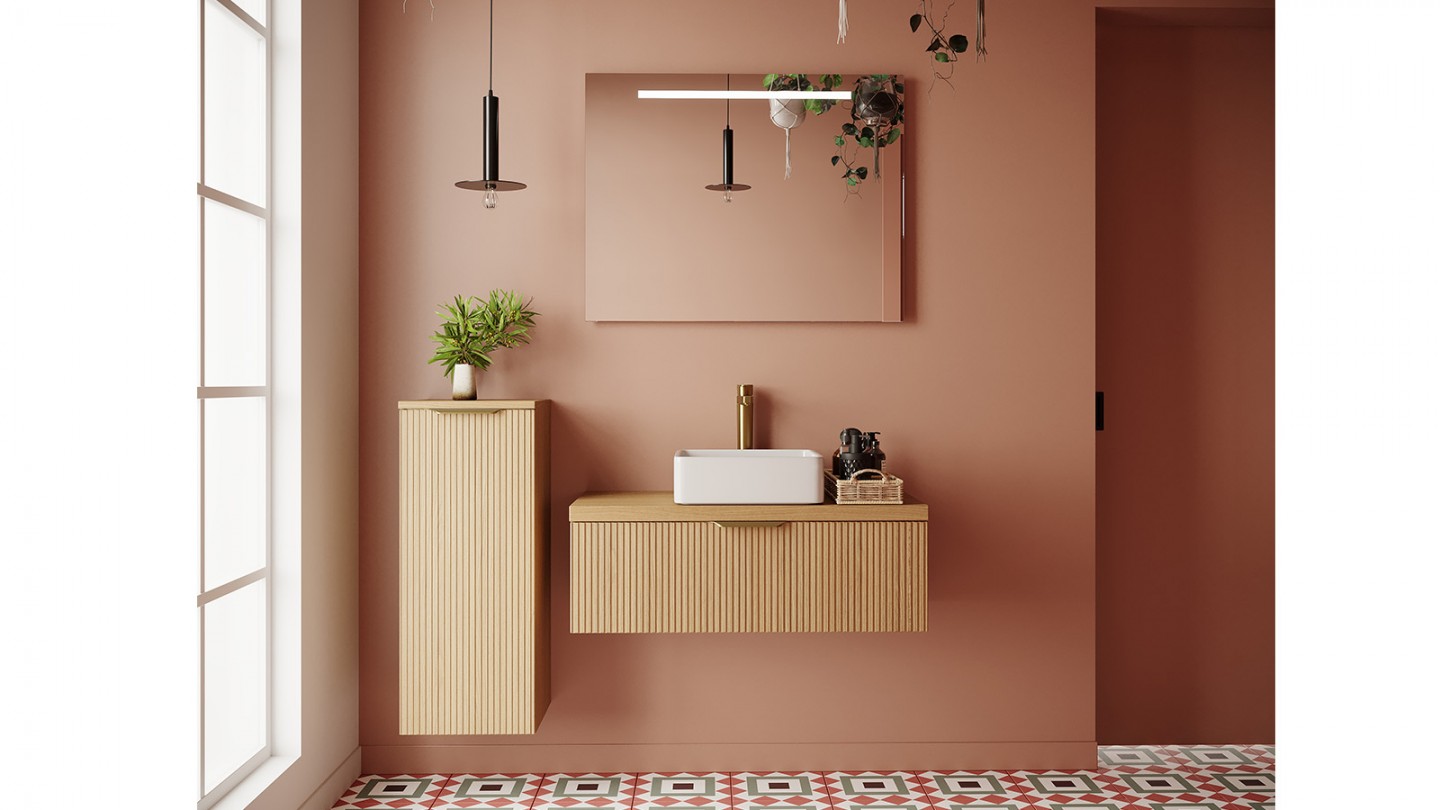 Meuble de salle de bain suspendu vasque à poser 90cm 1 tiroir Chêne cannelé + miroir - Venice