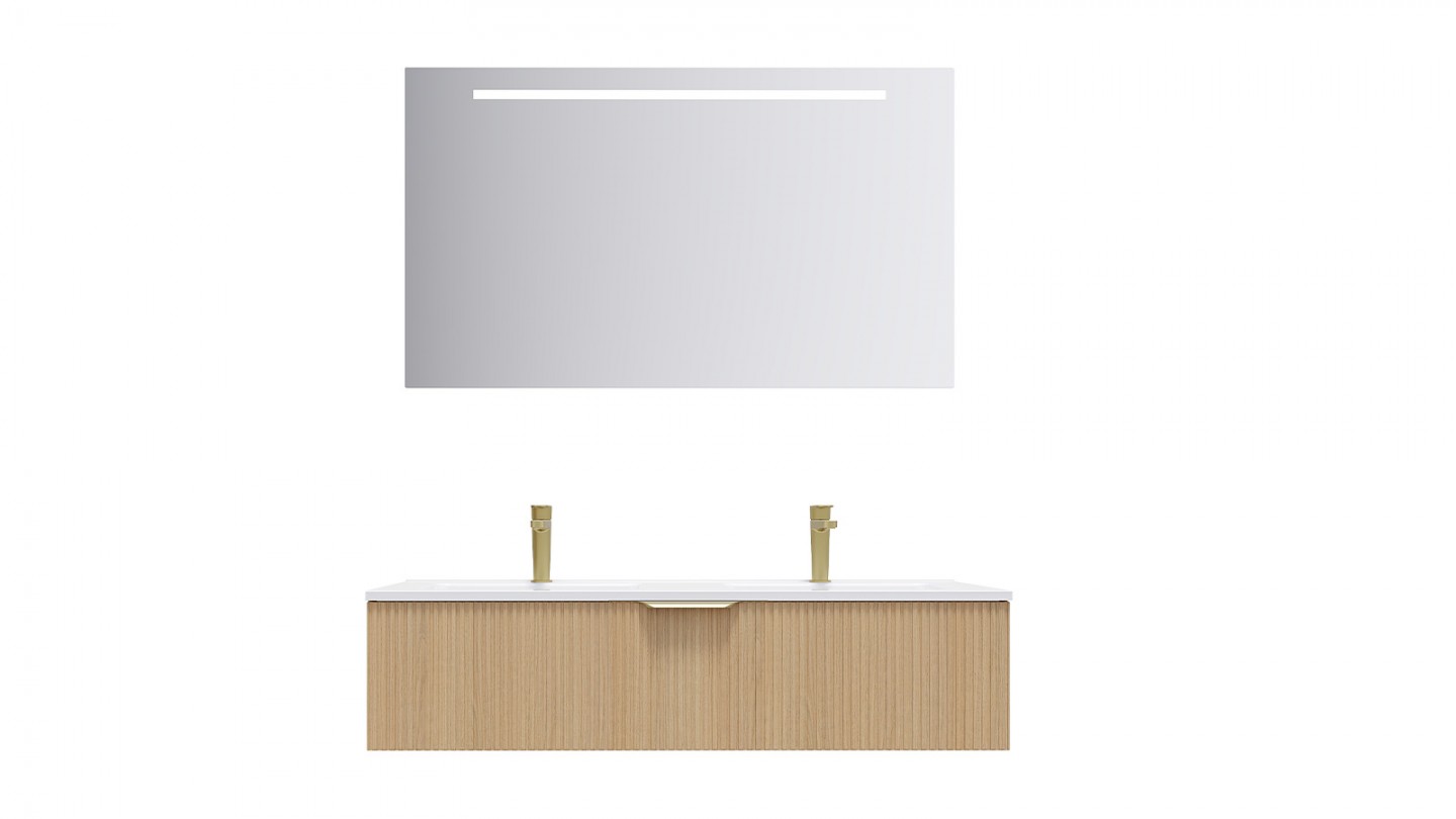 Meuble de salle de bain suspendu double vasque intégrée 120cm 1 tiroir Chêne cannelé + miroir - Venice