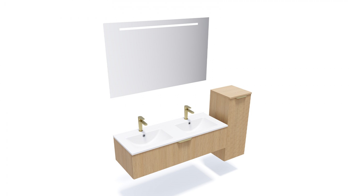 Meuble de salle de bain suspendu double vasque intégrée 120cm 1 tiroir Chêne cannelé + miroir +colonne ouverture droite - Venice