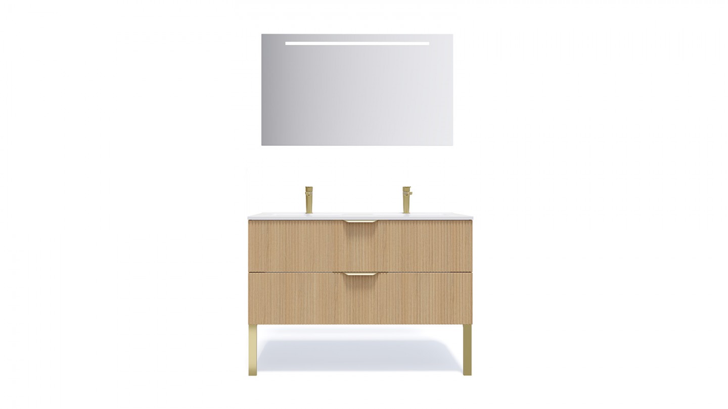 Meuble de salle de bain suspendu double vasque intégrée 120cm 2 tiroirs Chêne cannelé + miroir - Venice