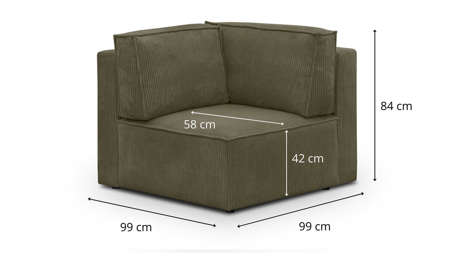 Canapé d'angle à gauche modulable 8 places en velours côtelé vert kaki - Harper Mod