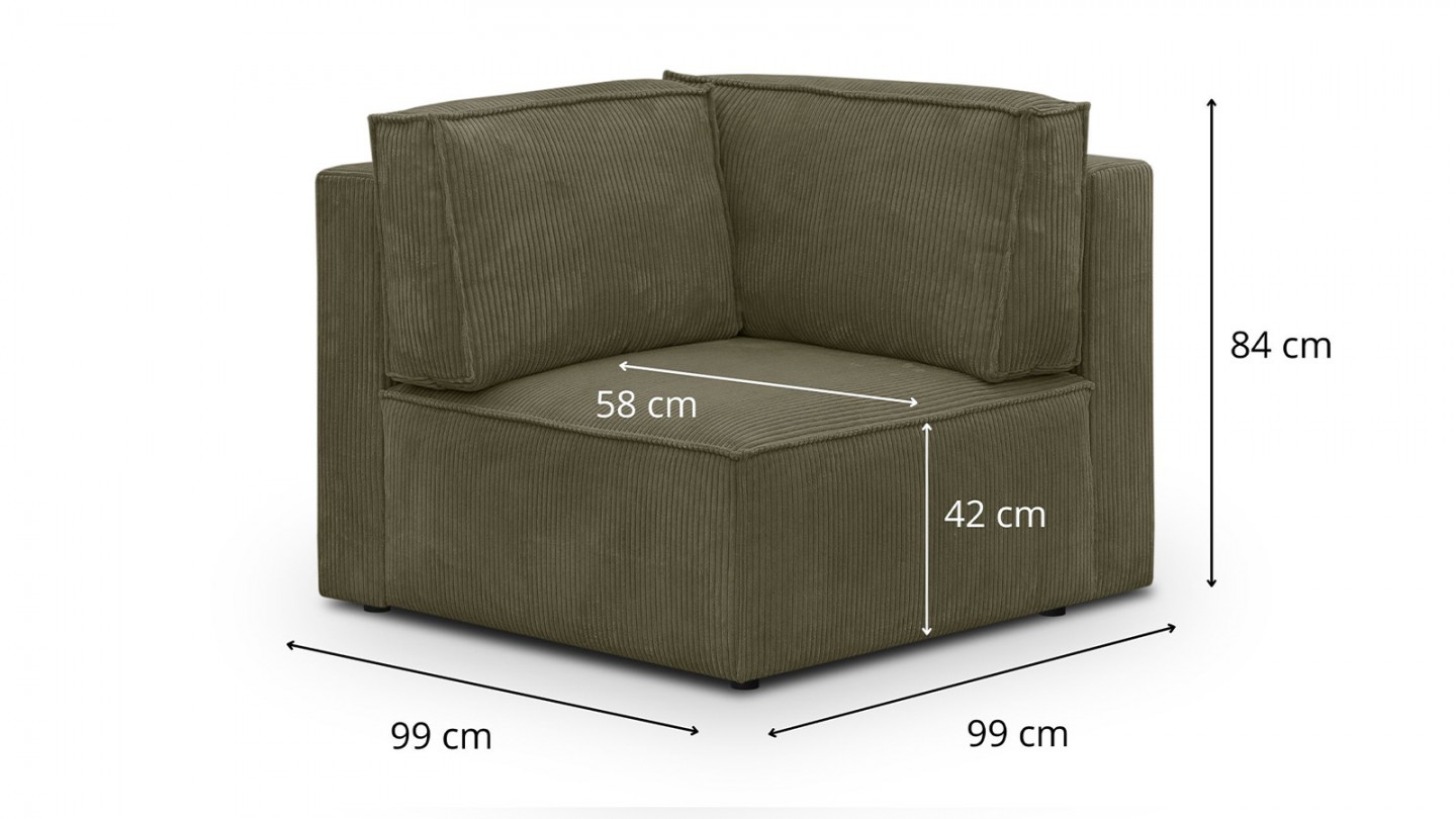 Canapé d'angle à gauche modulable 8 places avec pouf en velours côtelé vert kaki - Harper Mod