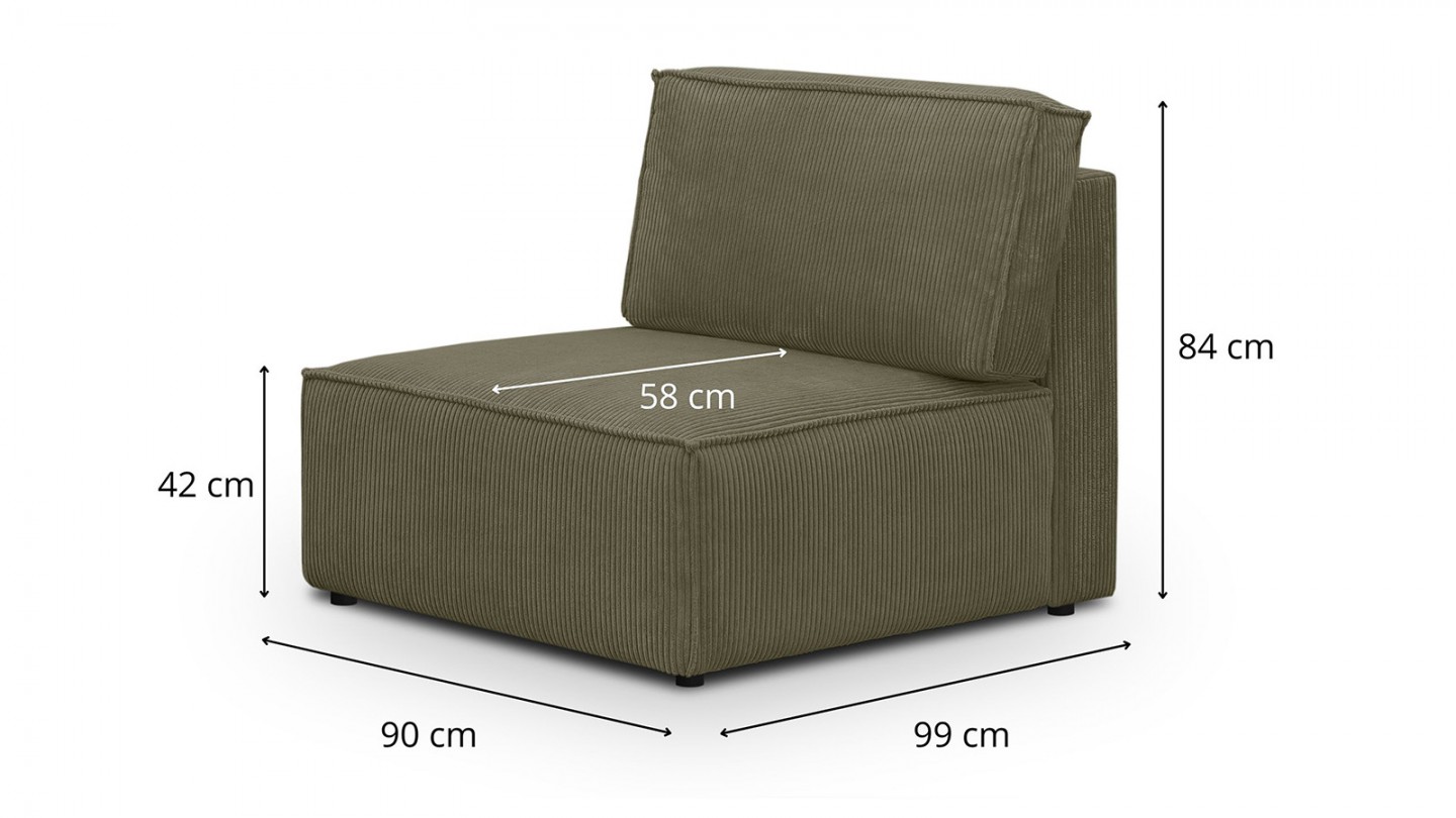 Canapé d'angle à gauche modulable 8 places avec pouf en velours côtelé vert kaki - Harper Mod