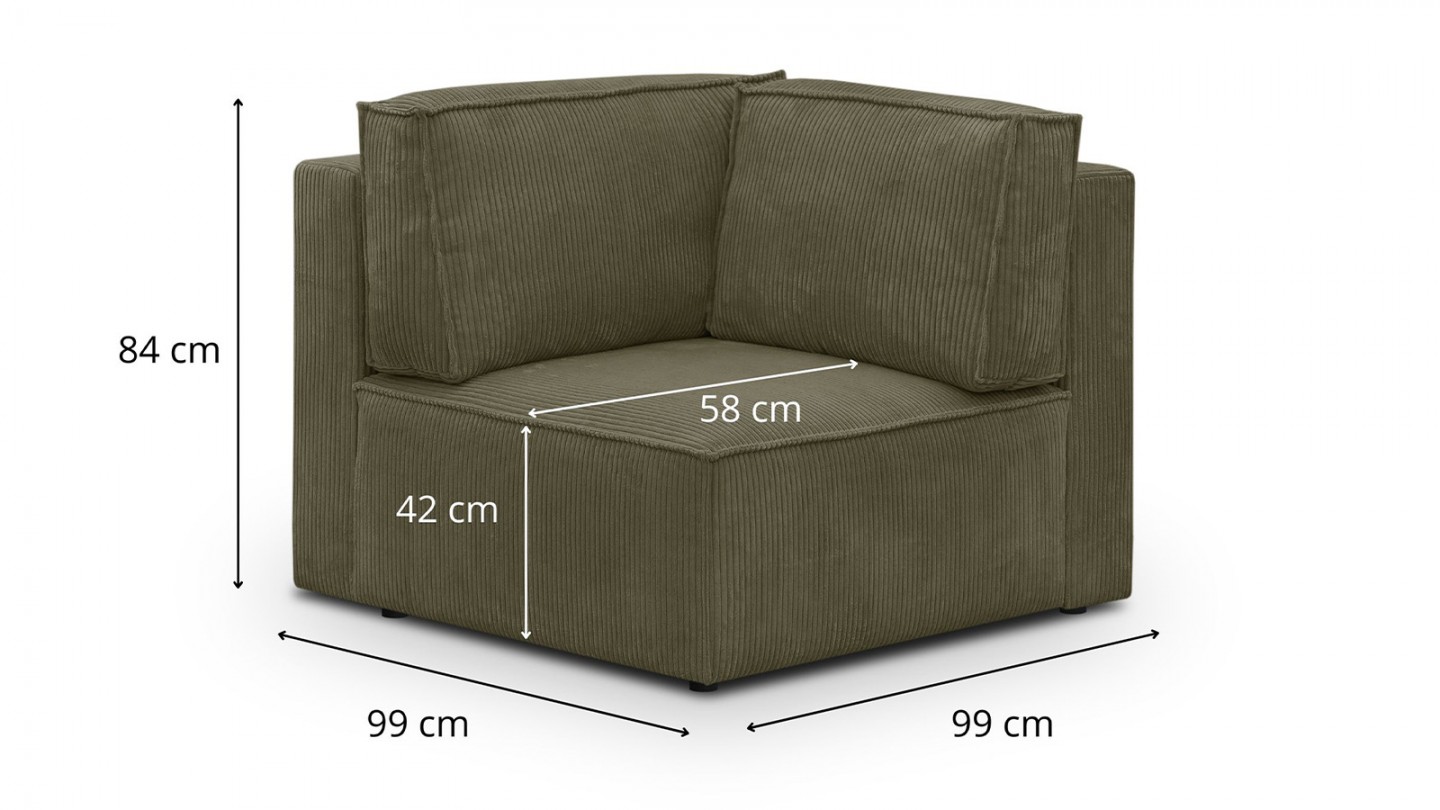 Canapé d'angle à gauche panoramique convertible modulable 8 places en velours côtelé vert kaki - Harper Mod