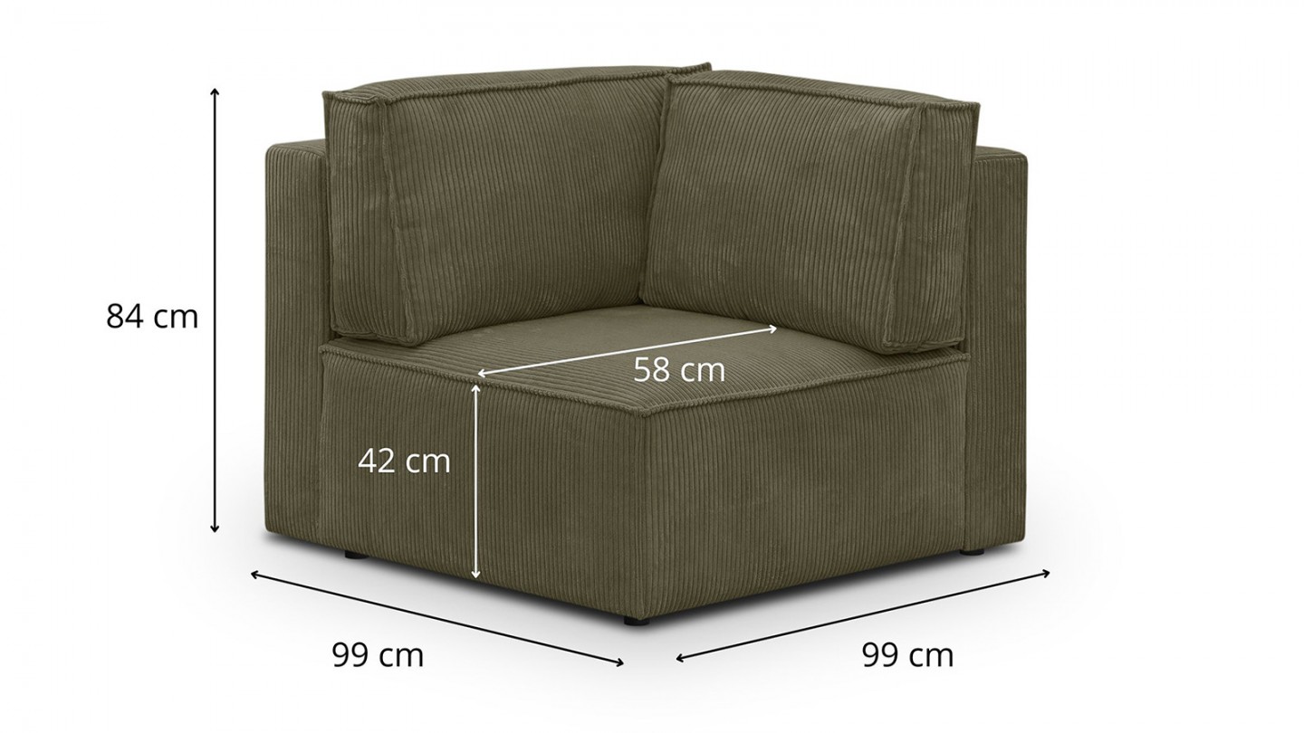 Canapé d'angle à droite panoramique convertible modulable 8 places avec pouf en velours côtelé vert kaki - Harper Mod