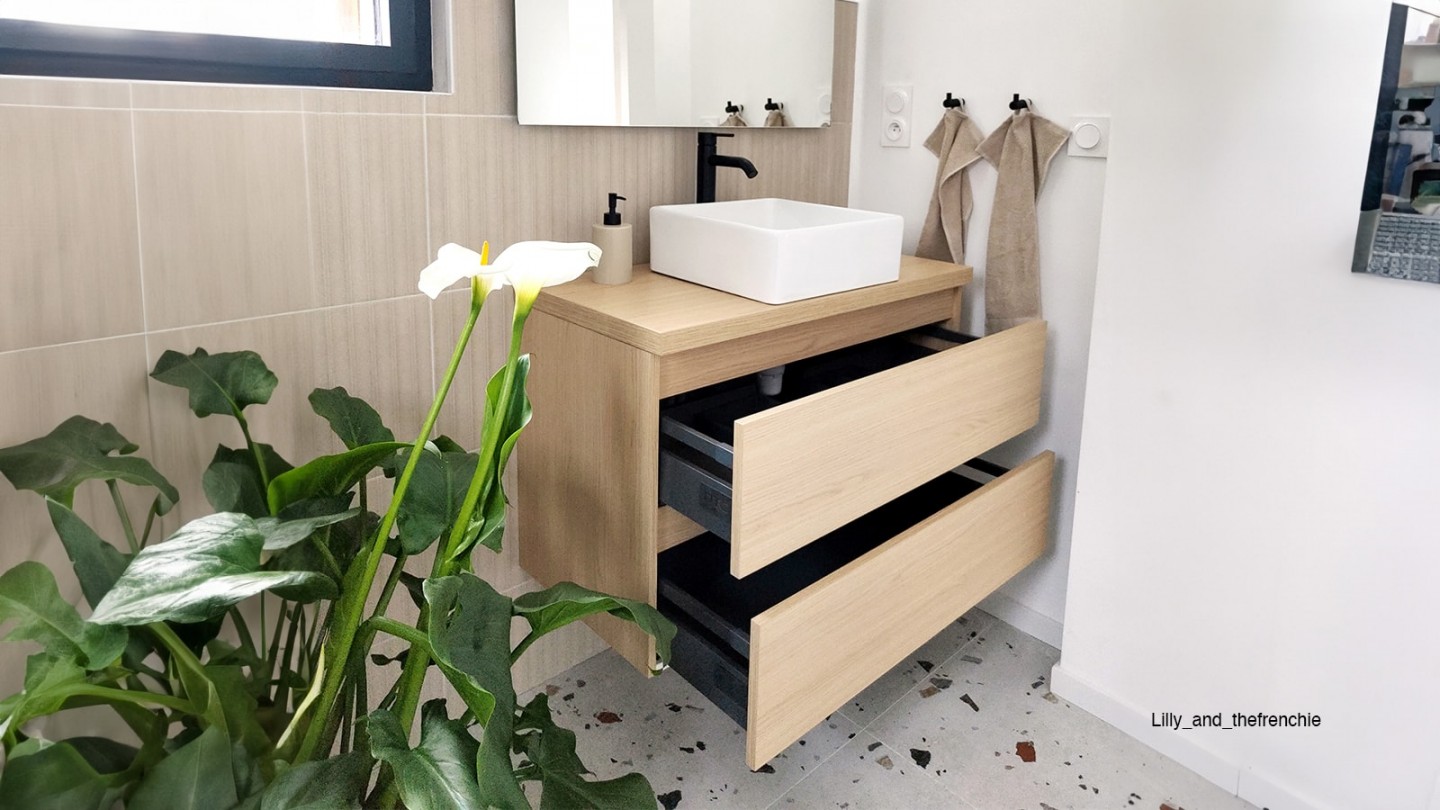 Meuble de salle de bain suspendu vasque à poser 90cm 2 tiroirs Chêne clair - Rivage